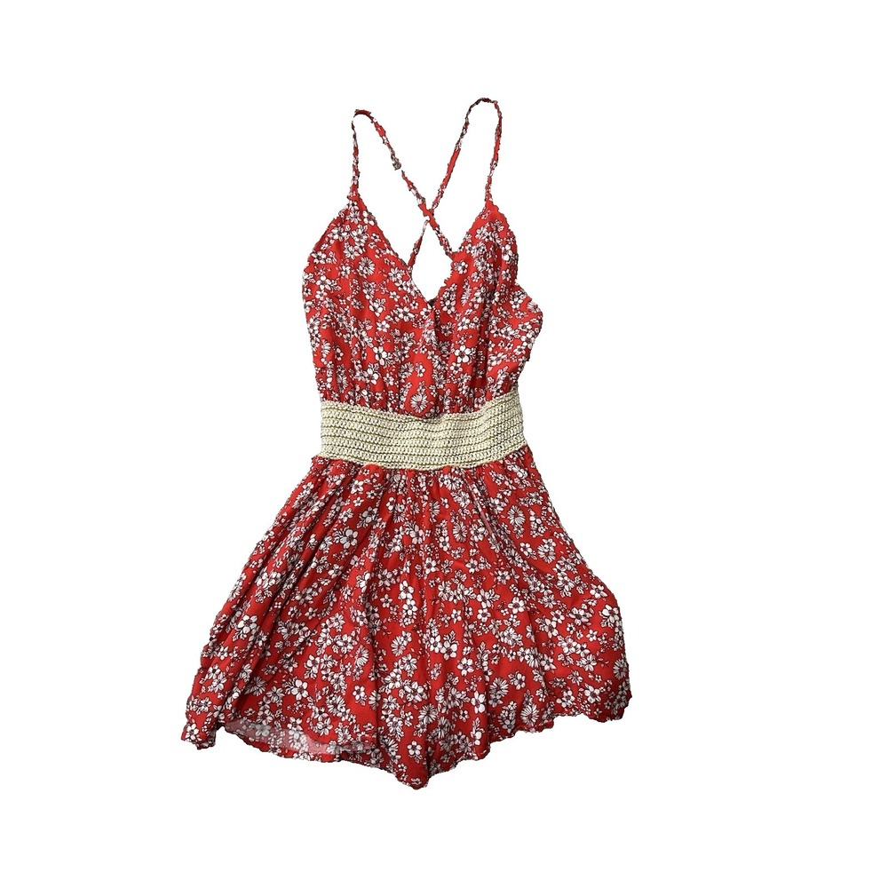 FAVLUX Flower Print Romper Size Small Red crochet waist v neck strappy coquette